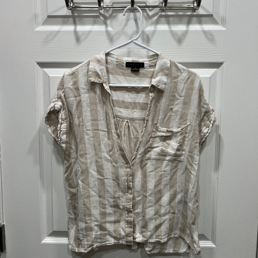 Sanctuary Tan and White Striped Button-Down Shirt